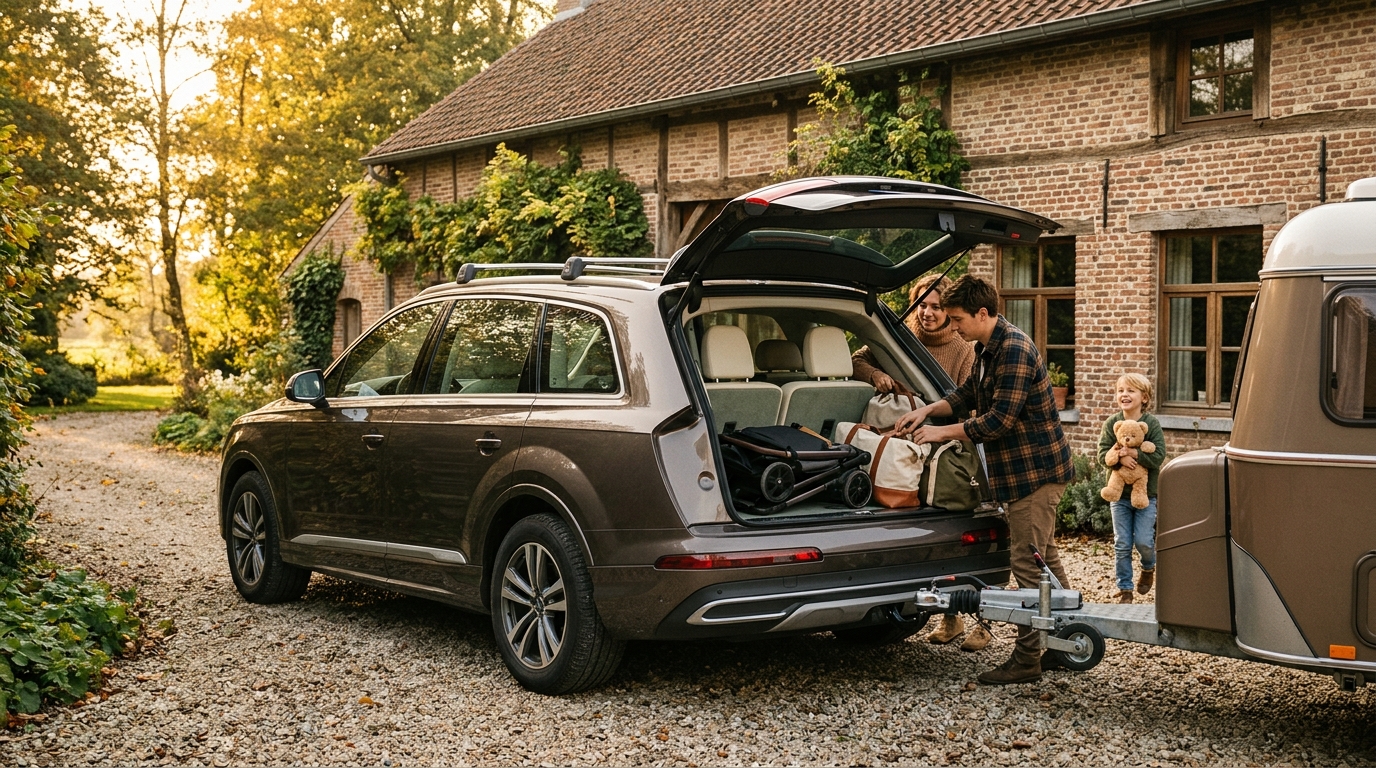Famille belge chargeant un grand SUV 7 places premium, hayon ouvert sur la 3e rangée, une caravane attelée à l'arrière