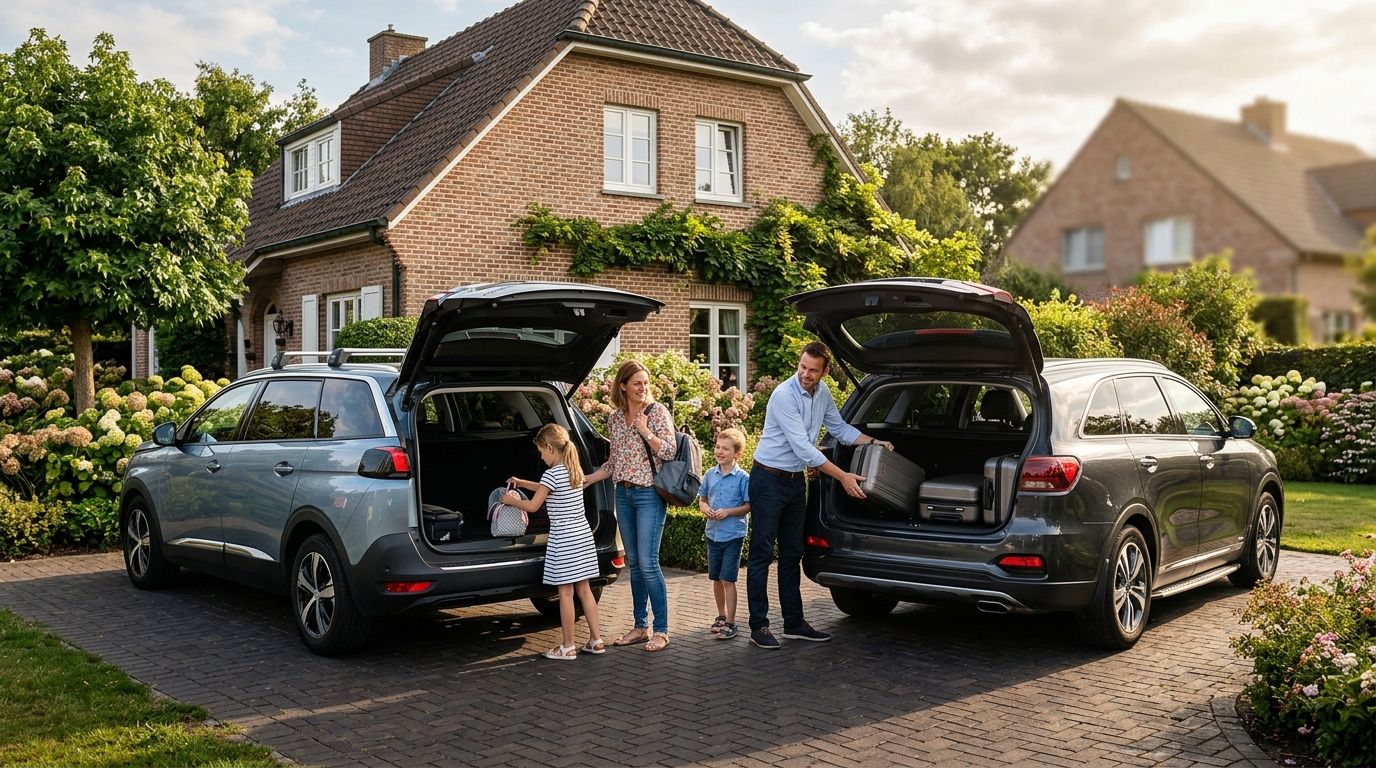 Peugeot 5008 PHEV et Kia Sorento PHEV côte à côte dans une allée de maison belge, famille chargeant le coffre