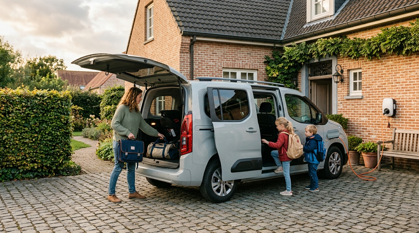 An electric 7-seat leisure van plugged into a wall charger outside a Belgian brick house, a mother loading the boot while two children climb in through the sliding door