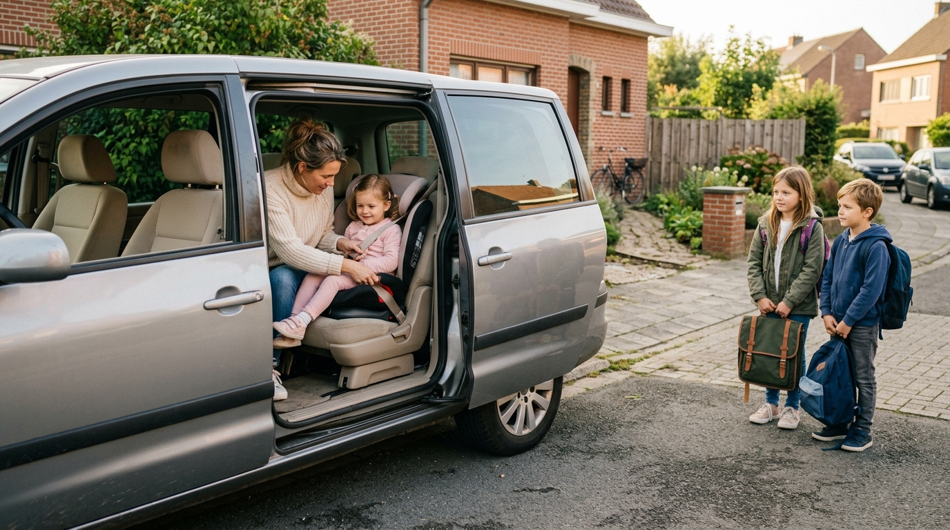 Famille belge installant les enfants dans un van 7 places à portes coulissantes, un matin ensoleillé