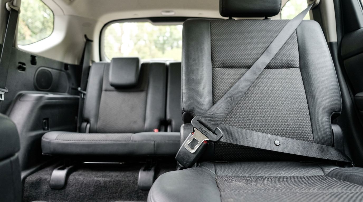 Troisième rangée d'un SUV familial sept places, boucle de ceinture au premier plan dans la lumière du jour