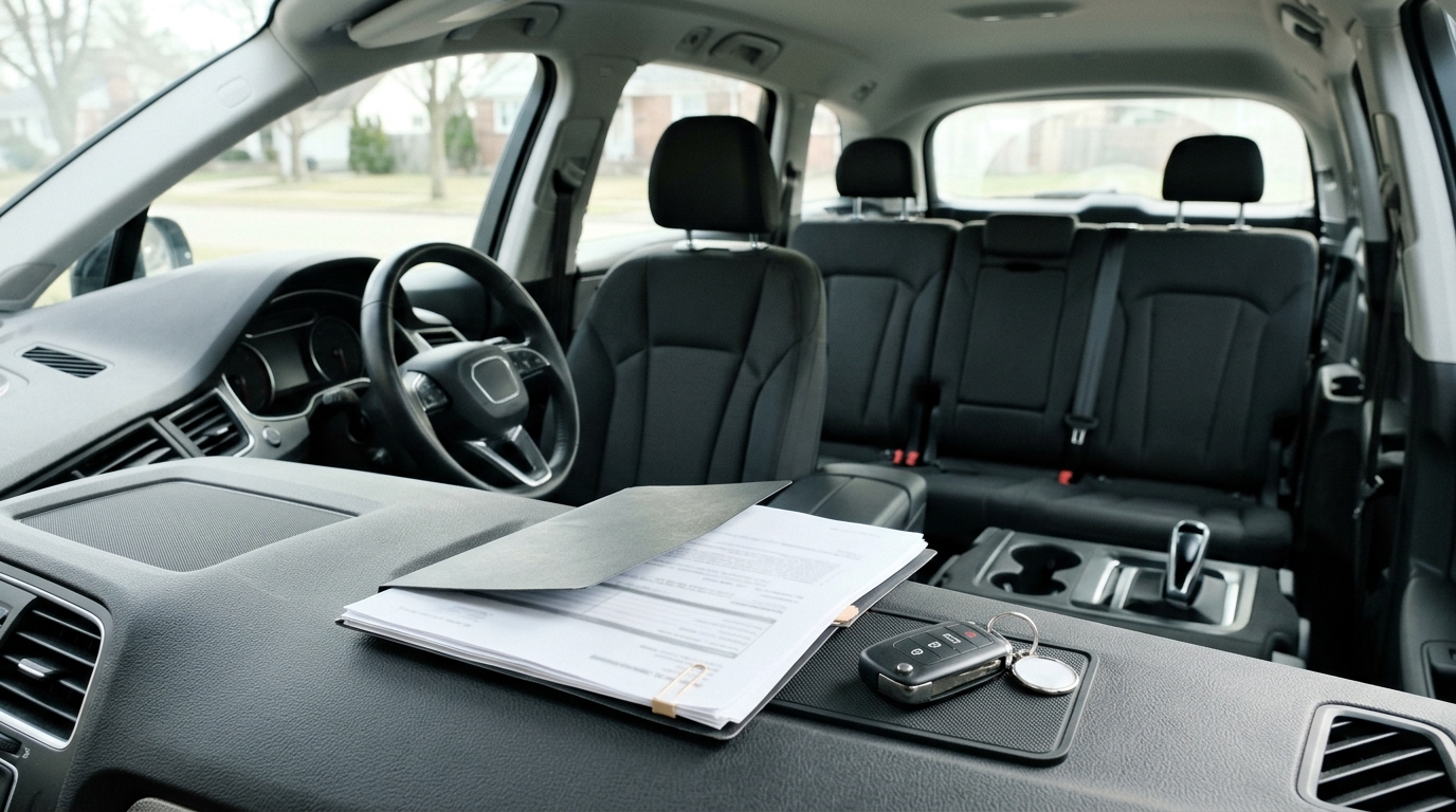 Documents du véhicule et clé posés sur le tableau de bord d'un SUV sept places familial, troisième rangée visible à l'arrière
