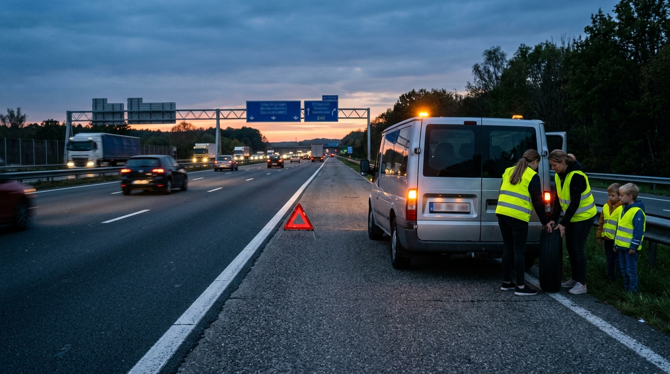Van familial arrêté sur la bande d'arrêt d'urgence d'une autoroute belge au crépuscule, triangle de signalisation posé derrière