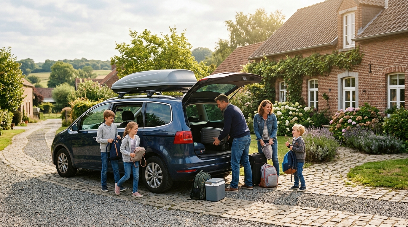 Seven-seat family MPV fitted with a large roof box, parked on a Belgian driveway on a departure morning