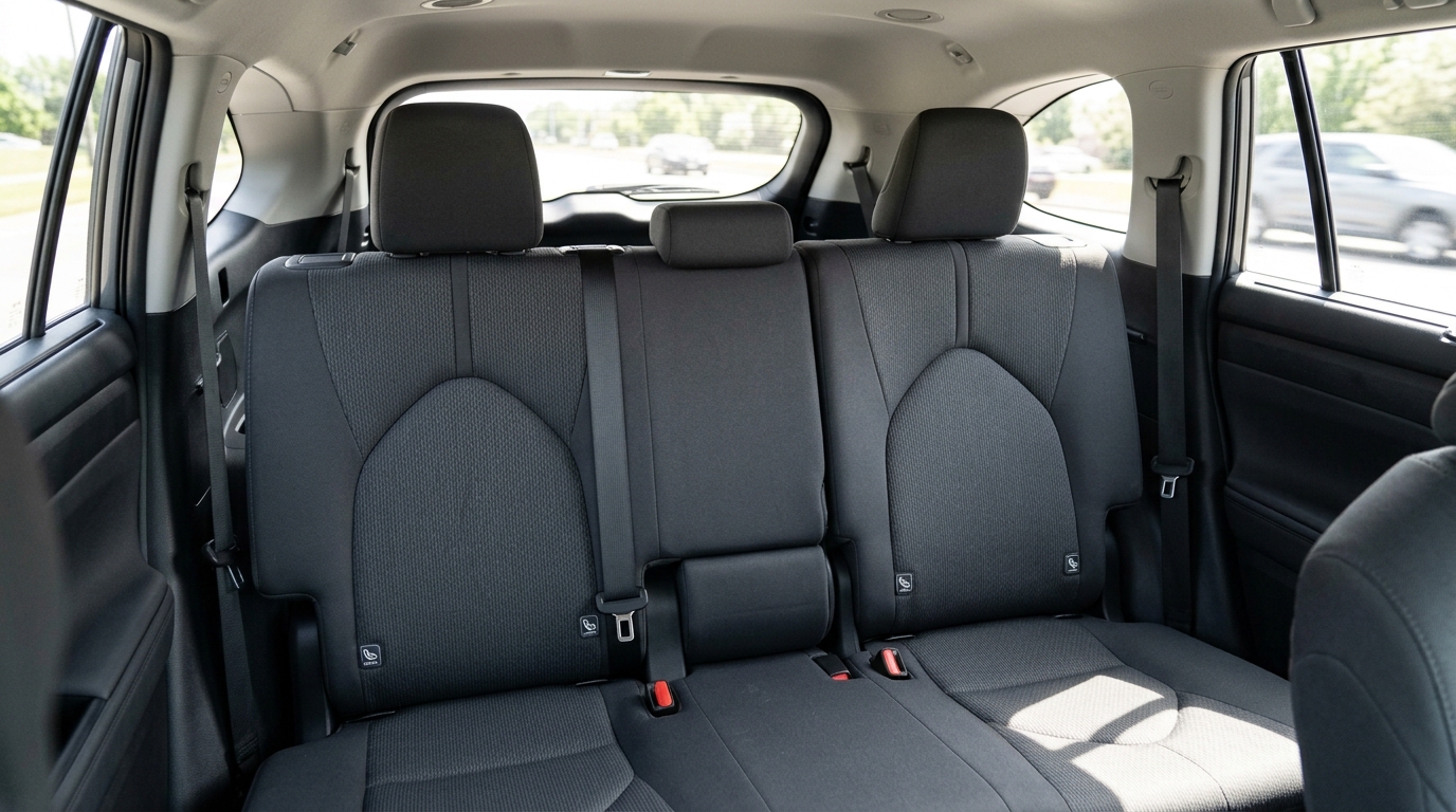 Third row of a family seven-seater, seat raised and child seat anchorages visible at the junction of cushion and seatback