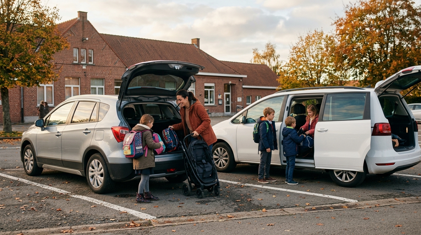 A family crossover and a sliding-door MPV parked side by side in a Belgian school car park, a mother and three children loading schoolbags and a stroller into open boots