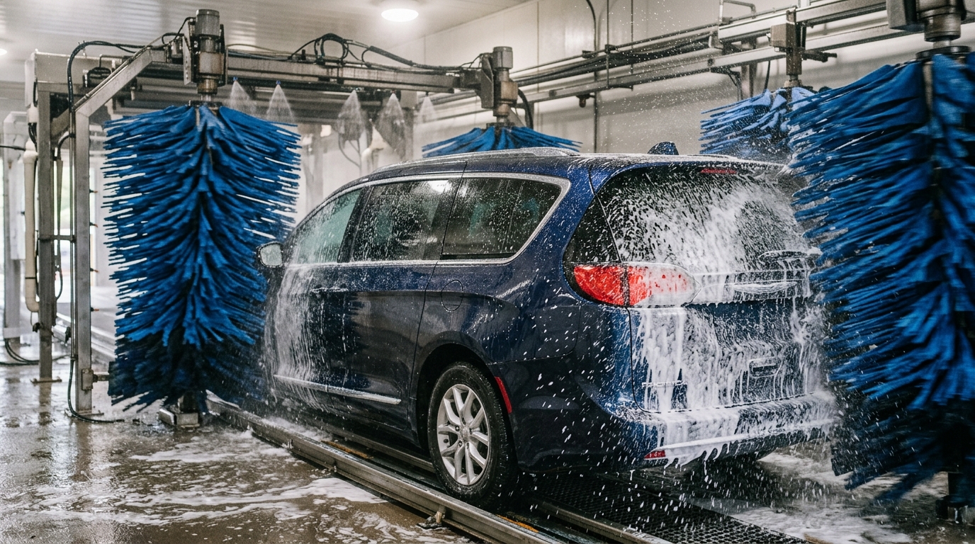 Monospace familial dans un tunnel de lavage automatique, brosses bleues et mousse
