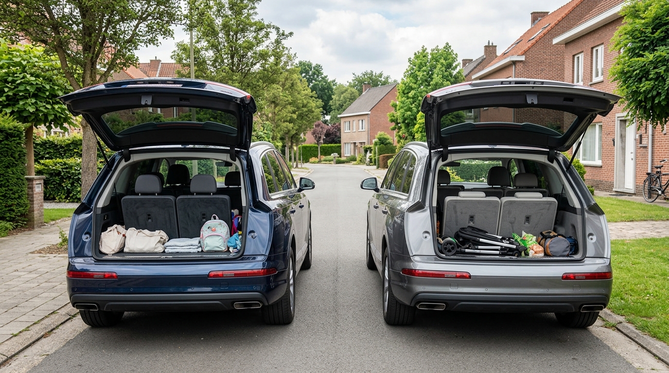 Two large family SUVs parked side by side, tailgates open on their third row of seats, in a Belgian residential street