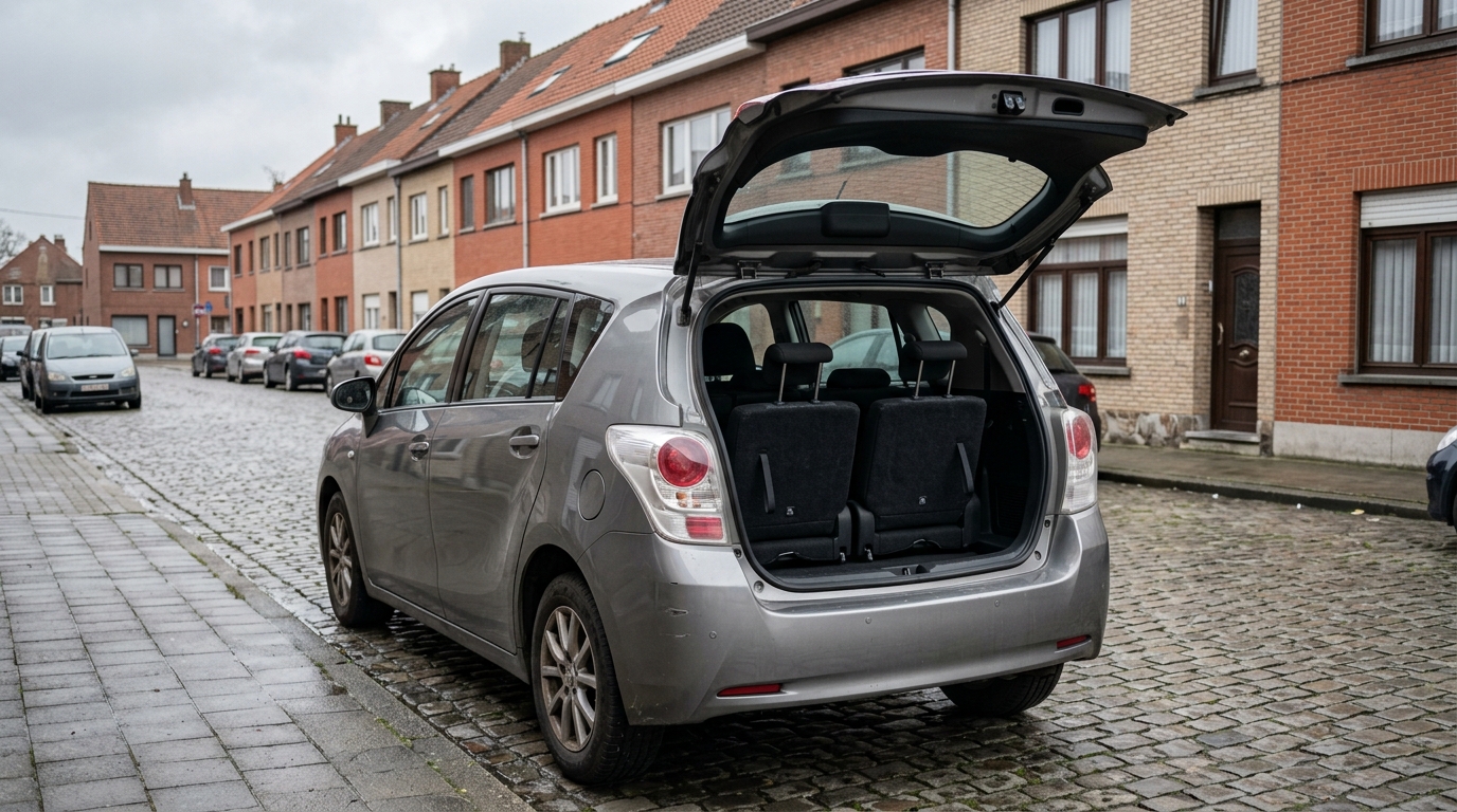 Used compact MPV parked on a Belgian street, tailgate open on two small third-row seats unfolded