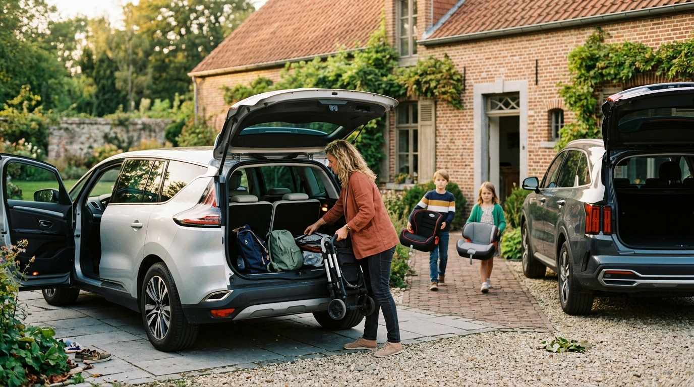 Deux SUV 7 places hybrides, un crossover surbaissé et un grand SUV, hayons ouverts dans une allée belge pendant qu'une famille charge une poussette