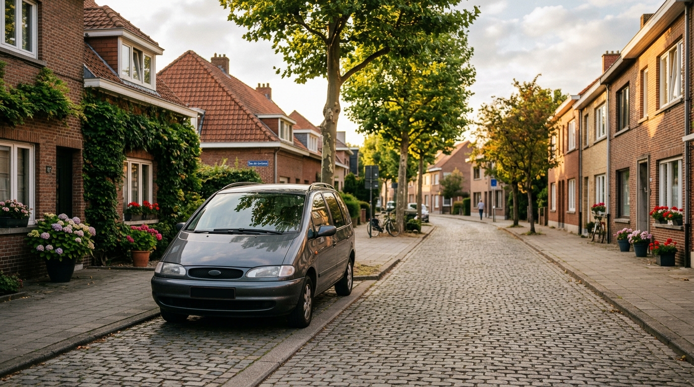 Family MPV parked on a Belgian residential street in late afternoon light