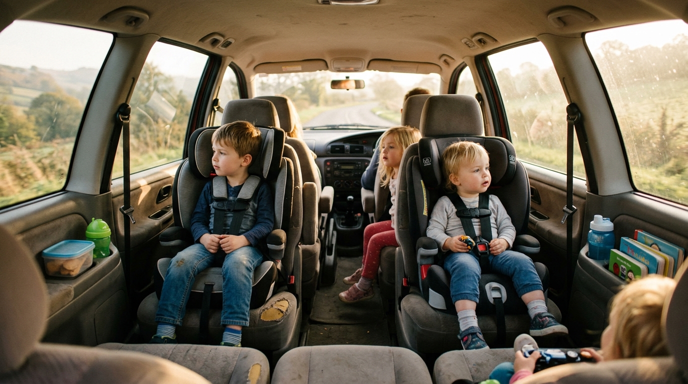 Habitacle d'une voiture familiale sept places, troisième rangée dépliée avec sièges enfants, lumière du matin