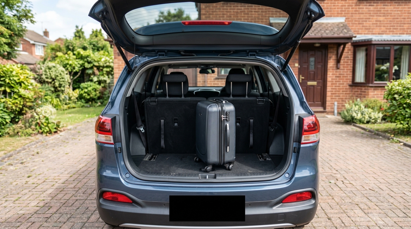 Coffre ouvert d'une voiture familiale sept places, troisième rangée relevée, une valise cabine posée derrière les dossiers